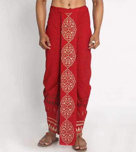 Men Red Striped & Gold-Toned Pure Cotton Hand Block Printed Dhoti