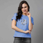 Women Turquoise Blue Printed Pure Cotton Slim Fit T-shirt