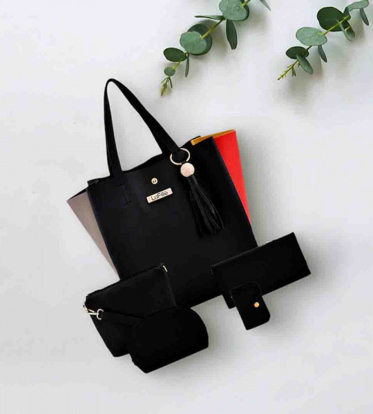 Black PU Structured Shoulder Bag with Sling Bag, Pouch & Wallet