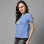Women Turquoise Blue Printed Pure Cotton Slim Fit T-shirt