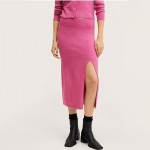 Women Pink Ribbed Slit Knitted Pencil Skirt