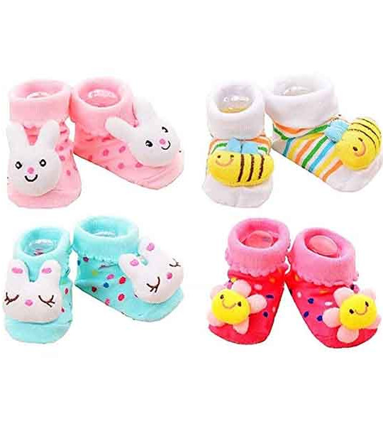 My Baby Town 100% Soft Cotton Fancy Cartoon Face Booties Socks (Random Design/Color) Pack-4