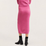 Women Pink Ribbed Slit Knitted Pencil Skirt