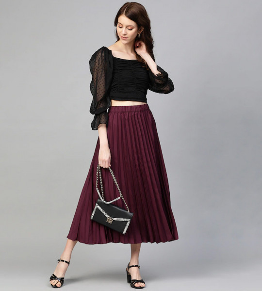 Burgundy Accordion Pleated A-Line Skirt