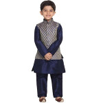 VASTRAMAY Boys' Beige Cotton Silk Blend Boys Nehru Modi Jacket Kurta & Pyjama Set