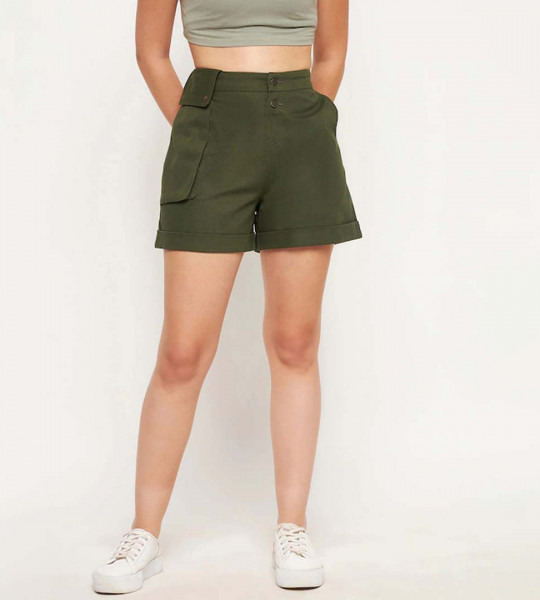 Women Olive Green High-Rise Cotton Outdoor Shorts
