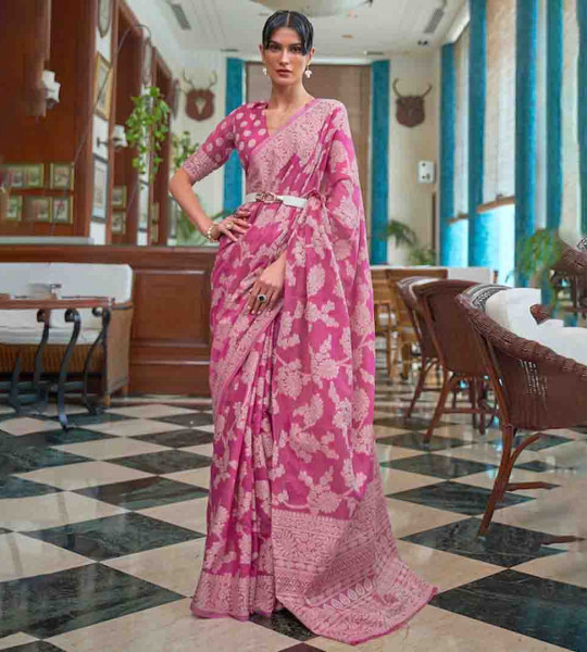 Pink & White Woven Design Linen Blend Muga Saree