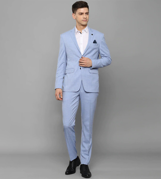 Men Blue Self Design Single Breasted Slim Fit Two Piece Formal Suit
