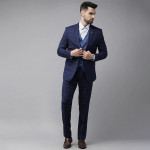 Men Navy Blue Checked Slim-Fit 4 Piece Formal Suit