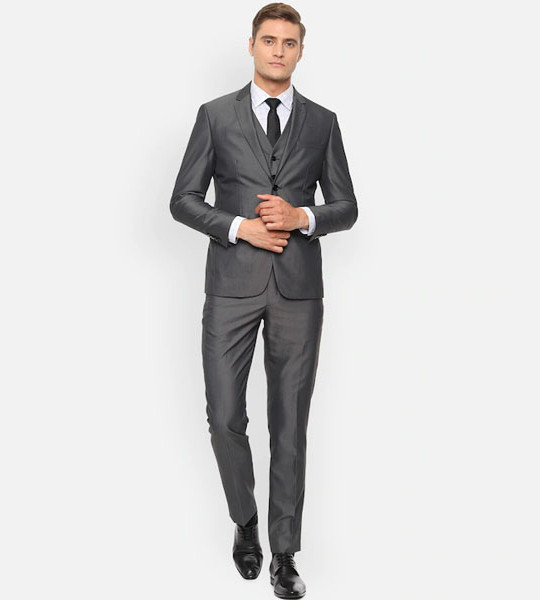 Men Grey Self-Design Slim-Fit Single-Breasted Formal Suit