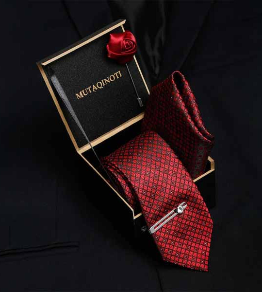 Men Red & Black Tie Cufflinks Pocket Square Accessory Gift Set