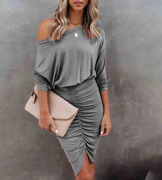 Women Grey Solid Polyester Bodycon Dress