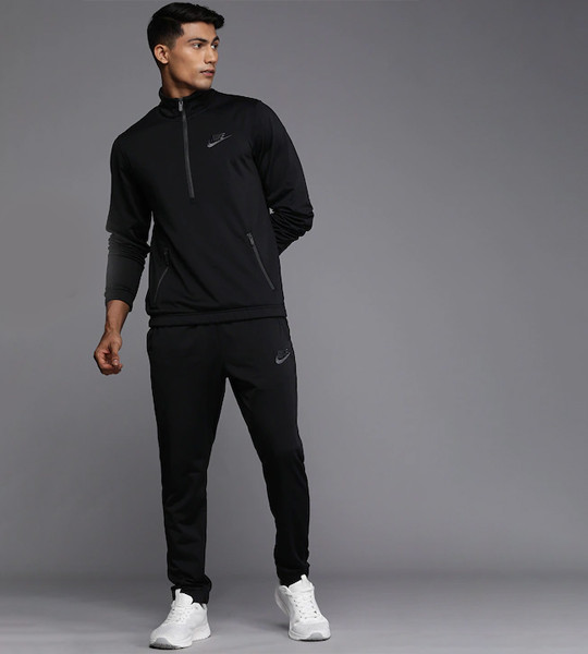 Men Black Brand Logo Printed Poly Knit Track Suit