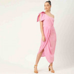 Pink Solid One Shoulder Crepe Maxi Dress