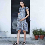 Women Blue Ethnic Motifs Maternity Midi Dress