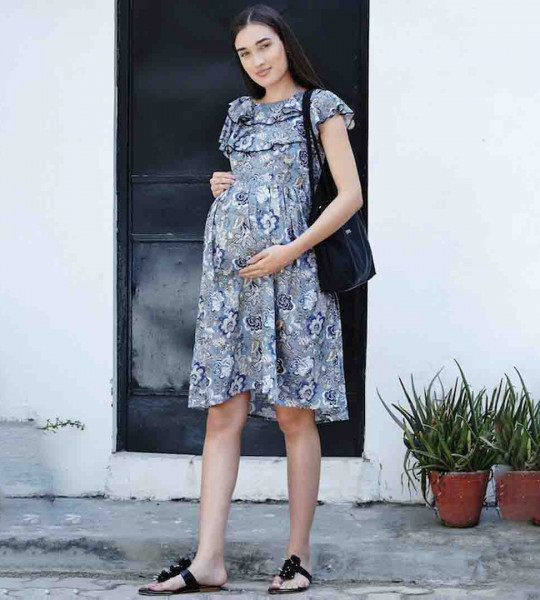 Women Blue Ethnic Motifs Maternity Midi Dress