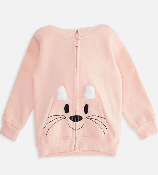 Girls Peach-Coloured Cotton Embroidered Hooded Sweatshirt