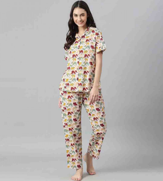 Women Off White & Red Cotton Printed Night suit