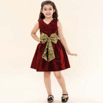 A T U N Maroon & Gold-Toned Sequins Bow Fit and Flare Dress