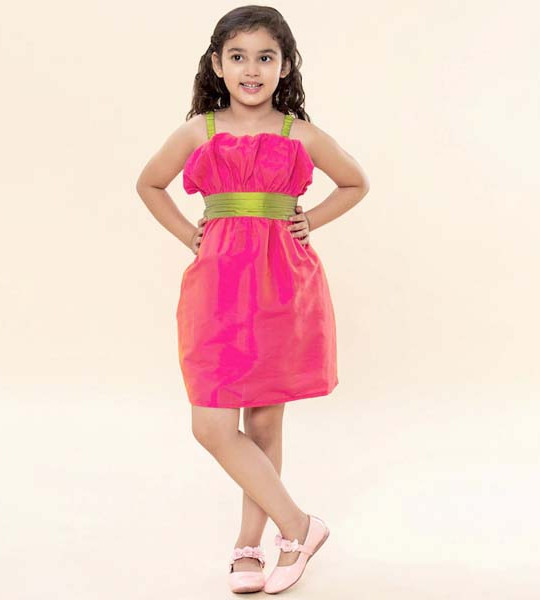 A T U N Girls Pink & Green Solid Fit and Flare Dress