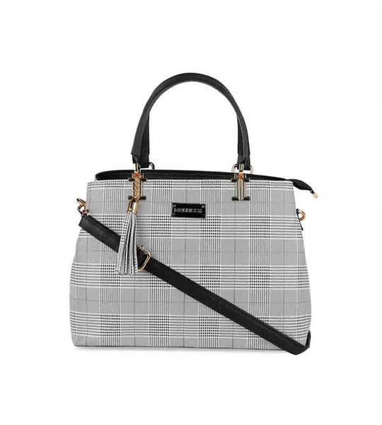 Black & White Checked Structured Handheld Bag with Wallet