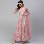 Pink & Beige Net Embroidered Semi-Stitched Dress Material