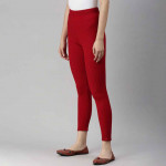 Women Red Solid Knitted Ankle-Length Leggings