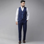Men Navy Blue Checked Slim-Fit 4 Piece Formal Suit