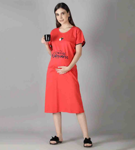Red Maternity Cotton A-Line Midi Dress