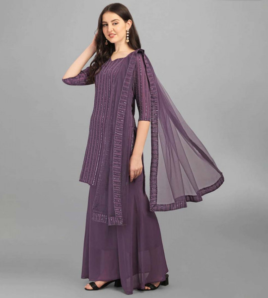Lavender Embroidered Silk Georgette Semi-Stitched Dress Material