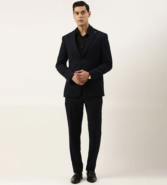 Men Navy Blue Textured Single-Breasted Two-Piece Formal Suit