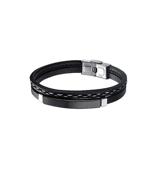 Men Black & Silver-Toned Stainless Steel Wrist Leather Wraparound Bracelet