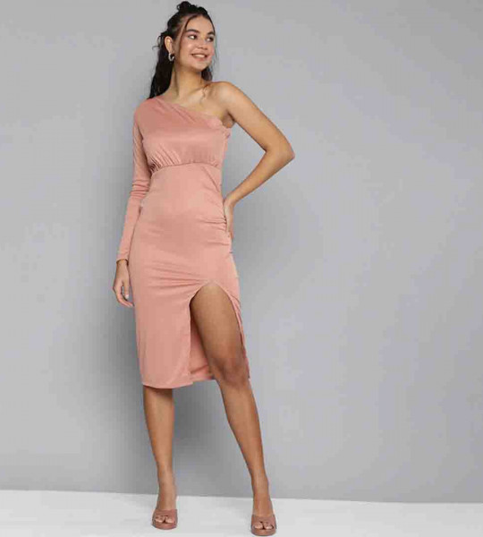 Women Peach-Coloured One-Shoulder A-Line Midi Dress With Slit