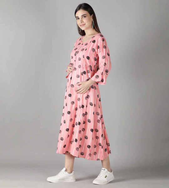 Pink Floral Maternity A-Line Midi Dress