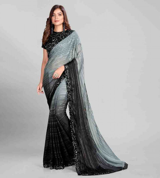 Grey & Black Embellished Sequinned Silk Blend Saree